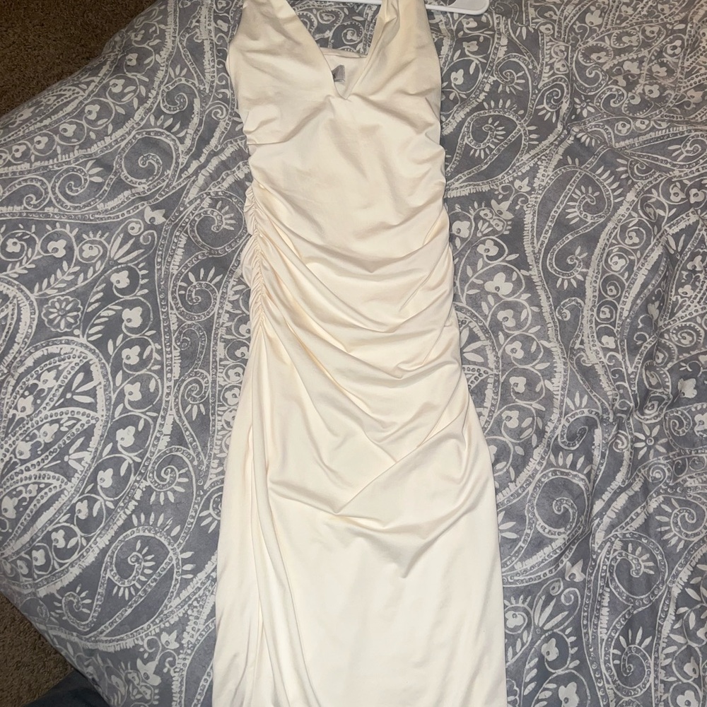 Cream Ruched Halter Bodycon Dress